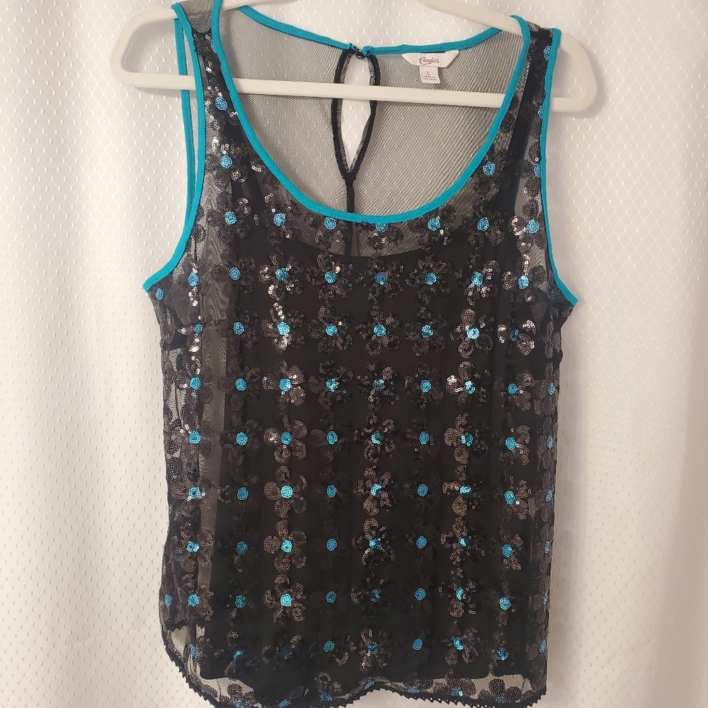 Candies woman's formal Sparkley sequin black & aqua blue Sleeveless top …